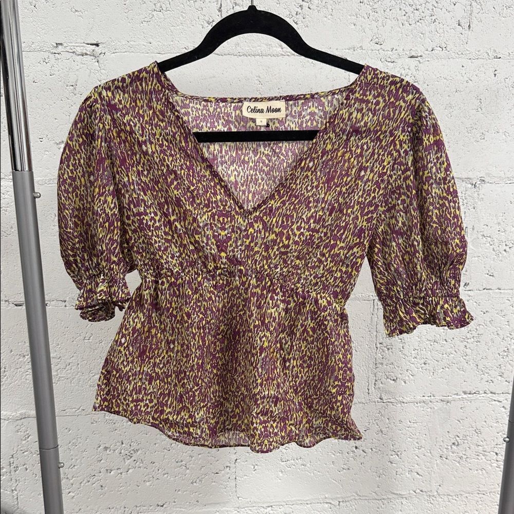 CELINA MOON Purple and Yellow Blouse NWOT Cropped Top Ruffled